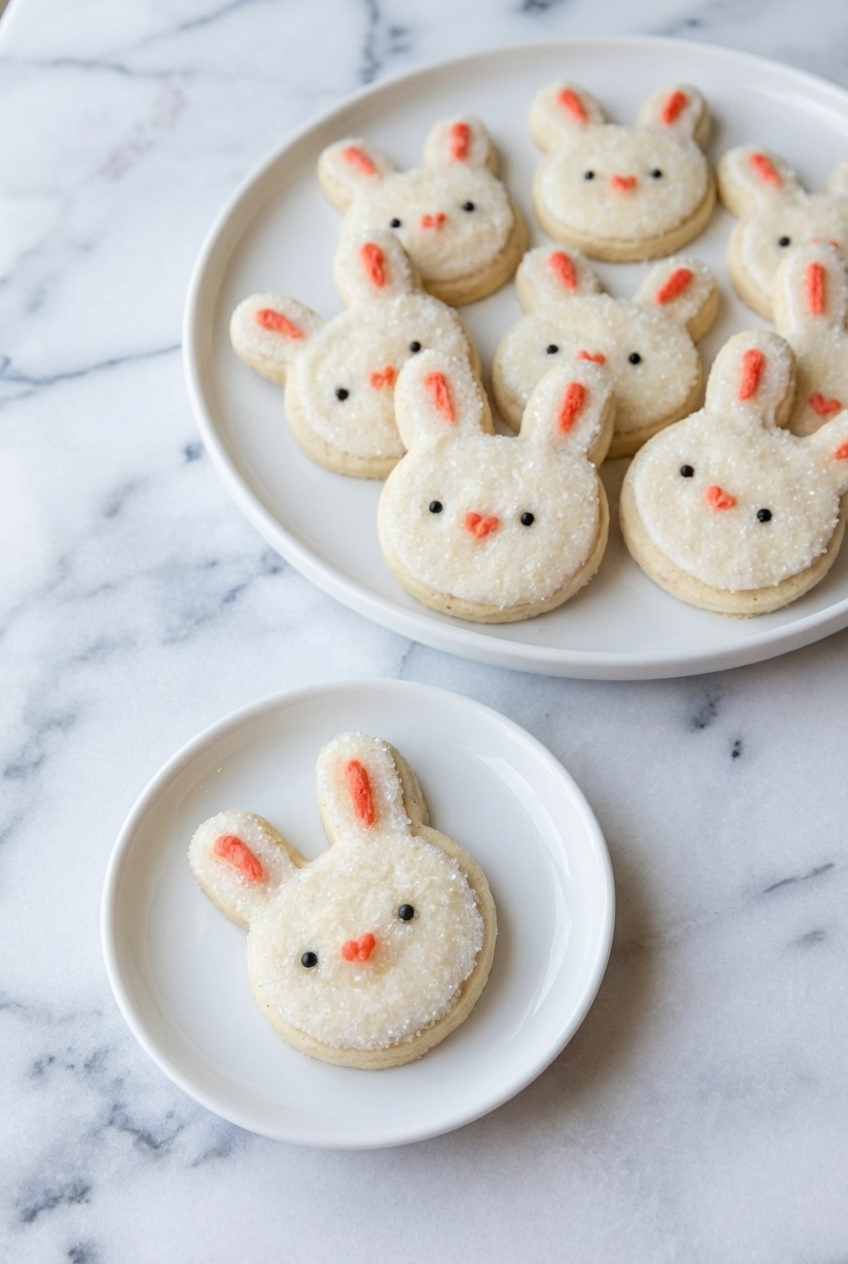 Soft Buttercream Bunny Cookies dusted with sanding sugar arranged in a minimalist ceramic vessel on a marble countertop.