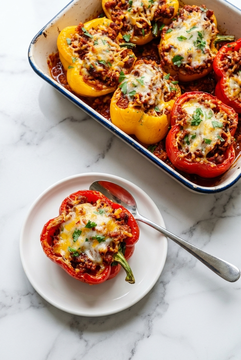 Baked Chili Mac Stuffed Peppers arranged on a contemporary countertop, highlighting their suitability for meal prep storage.