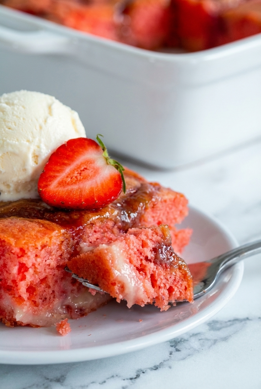 A close-up of Strawberry Earthquake Cake Recipe showing the swirled cream cheese filling and white chocolate chips under natural window lighting.