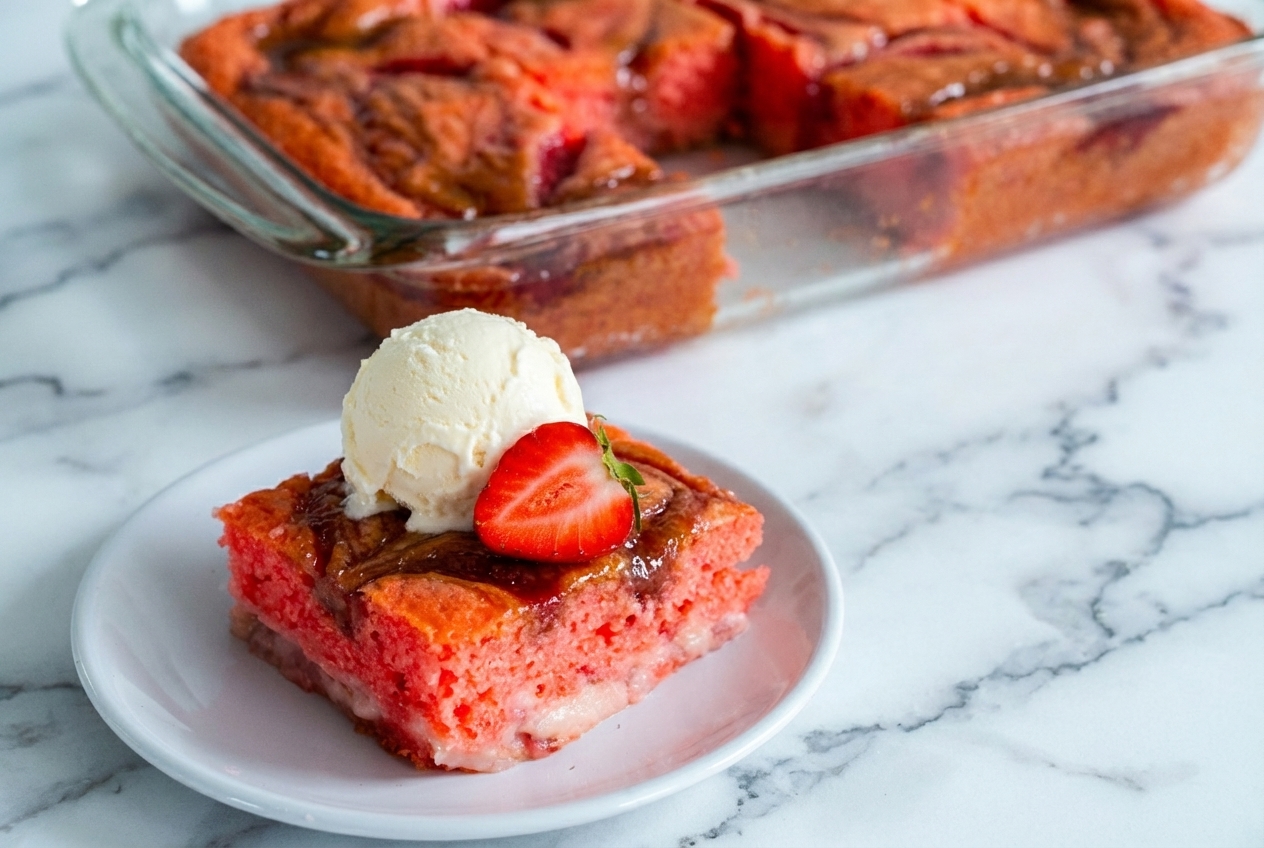 Strawberry Earthquake Cake Recipe featuring a brown butter and macerated strawberry swirl on a white marble surface.