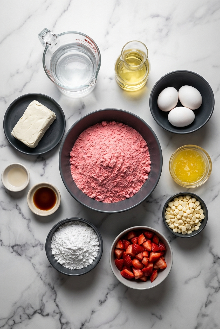 Flat lay of ingredients for Strawberry Earthquake Cake Recipe including strawberry cake mix and white chocolate chips on a contemporary countertop.