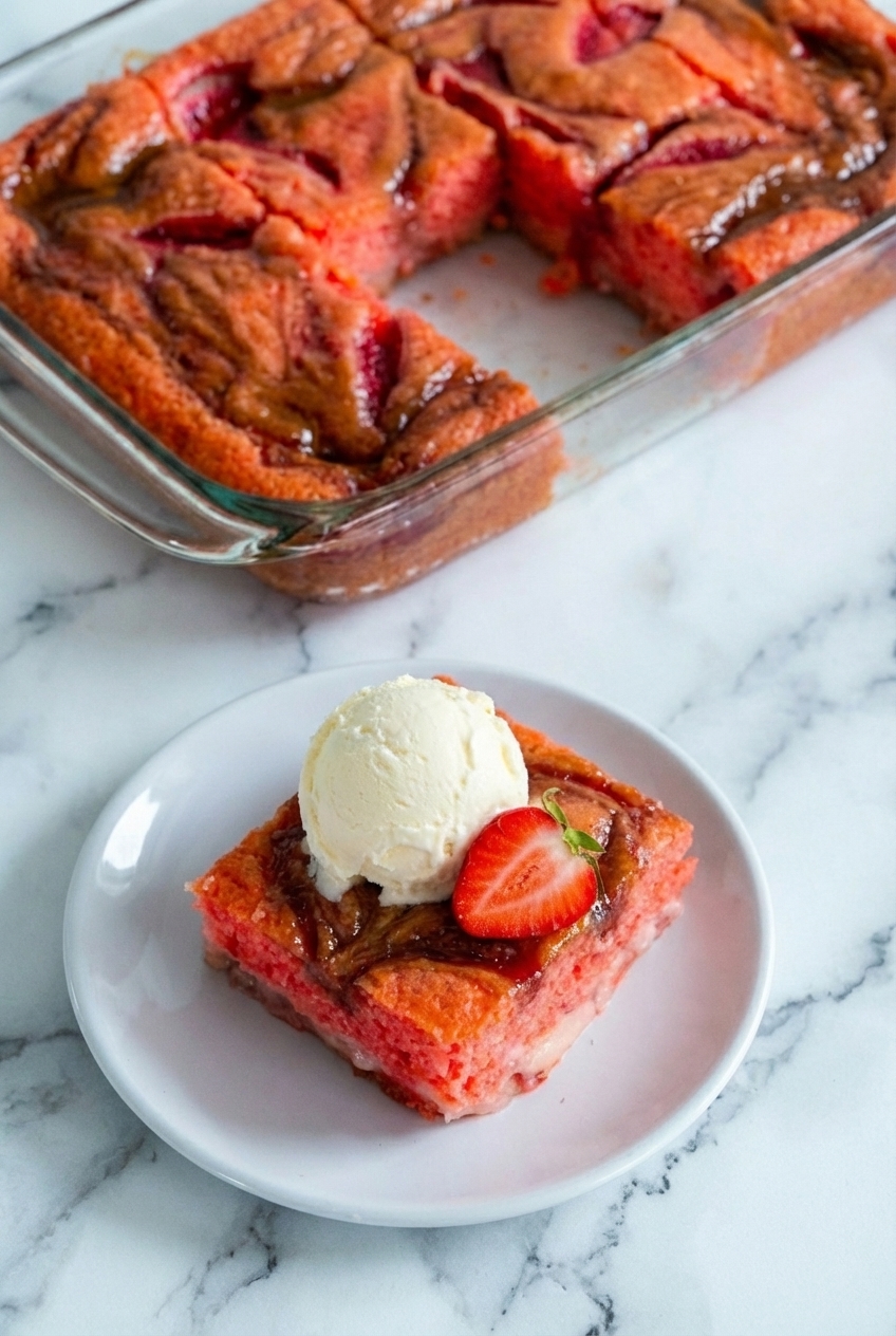 Slices of Strawberry Earthquake Cake Recipe in a 9x13 baking dish with parchment paper on a minimalist ceramic vessel.