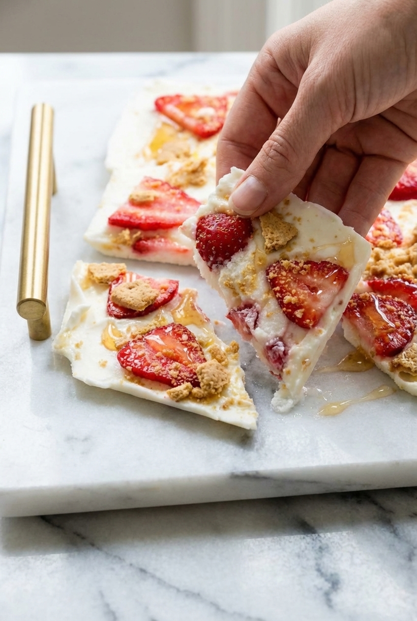 Close-up of the smooth, creamy texture of Strawberry Lemon Frozen Yogurt Bark with flecks of lemon zest on a minimalist plate.
