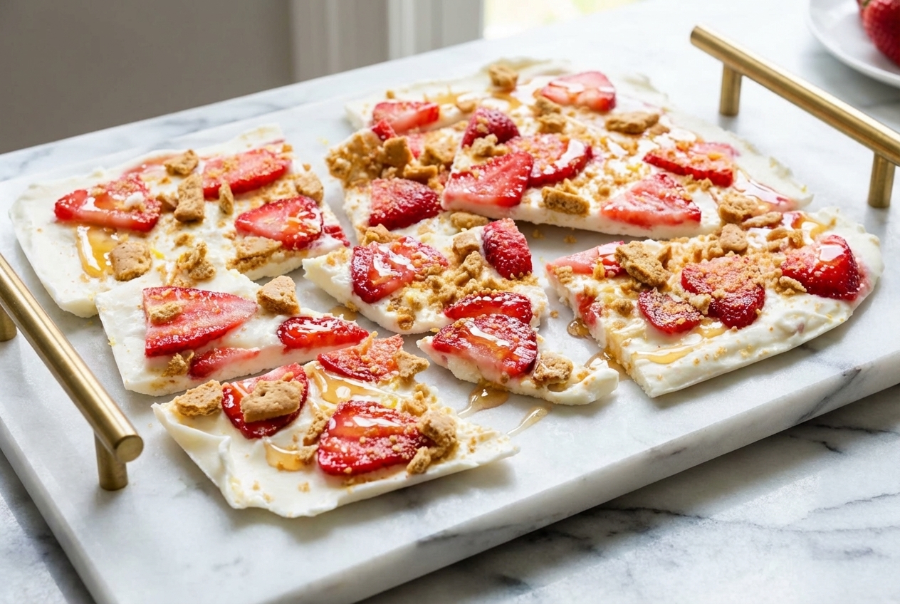 Strawberry Lemon Frozen Yogurt Bark featuring a macerated honey-lemon strawberry swirl on a sleek white marble surface.