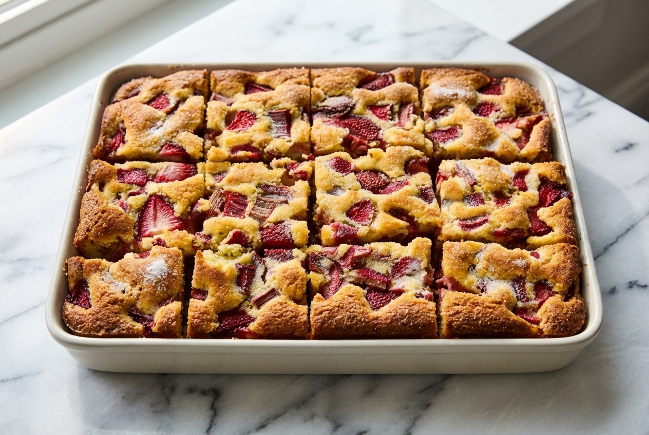 Strawberry Rhubarb Breakfast Cake with a golden ginger-sugar crust and brown butter on a white marble surface.