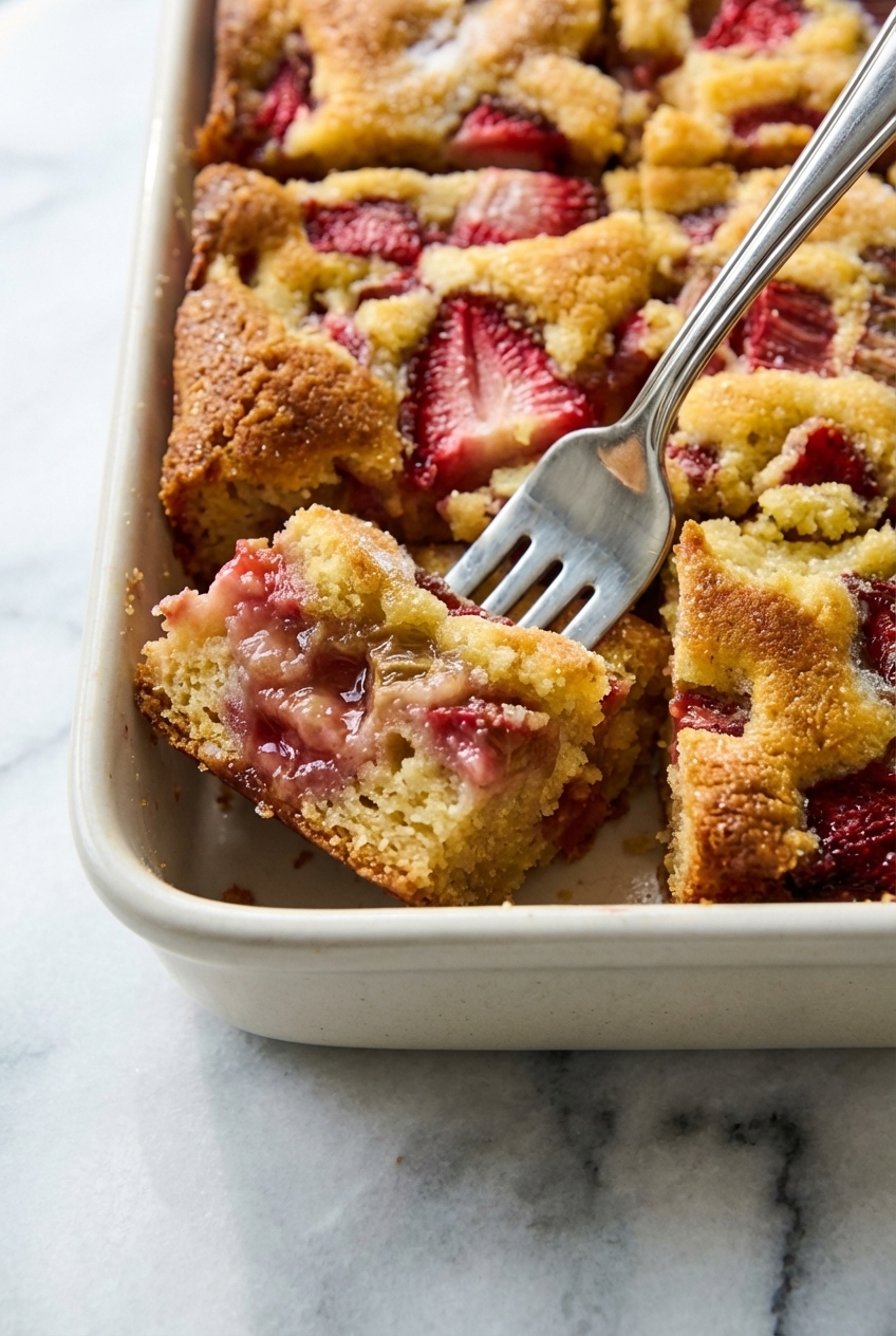 A slice of Strawberry Rhubarb Breakfast Cake showing the moist crumb and ginger crust on a minimalist ceramic plate.