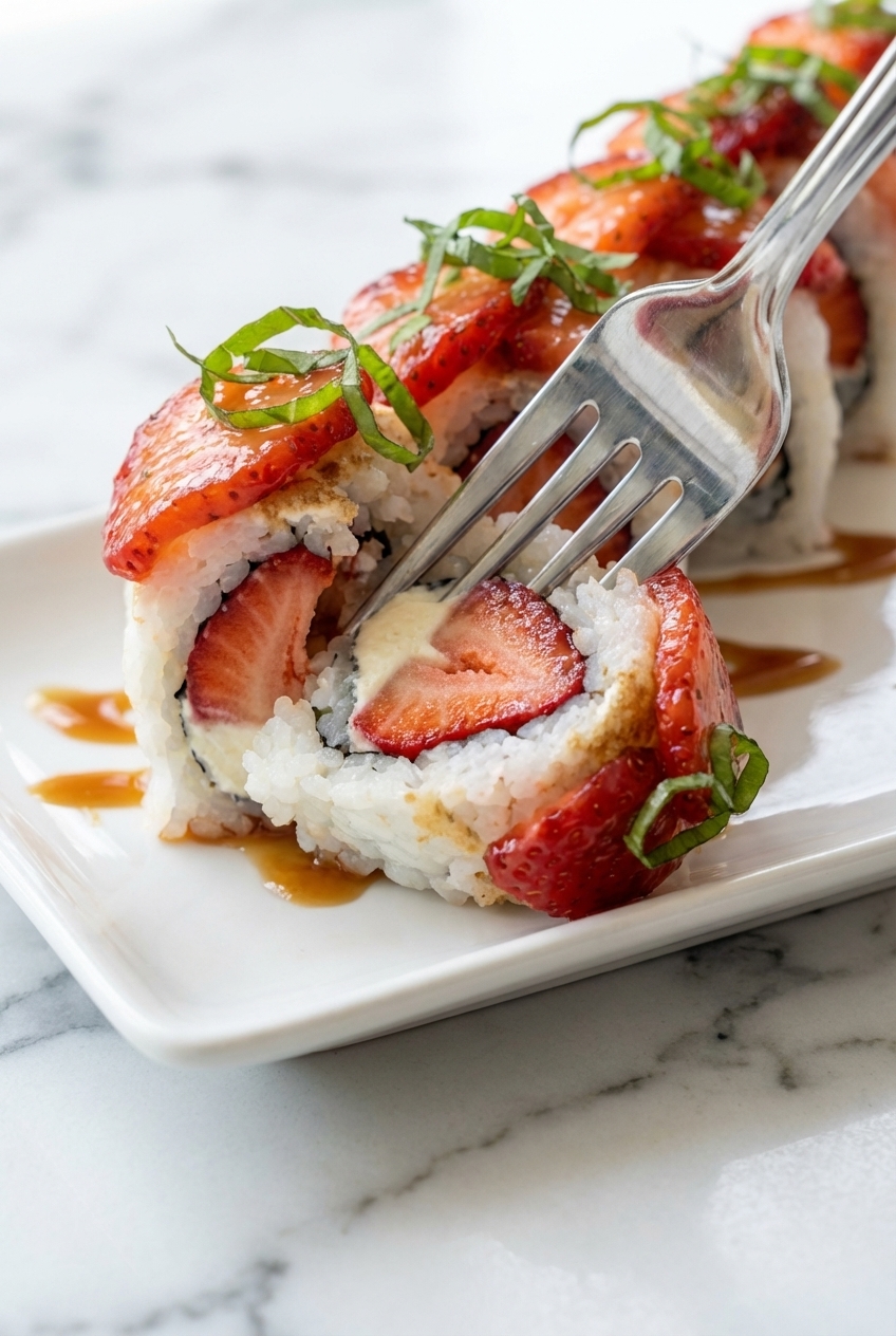Close-up of the folding technique for Strawberry Shortcake Sushi on a jelly roll pan with natural window lighting.