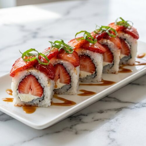 Strawberry Shortcake Sushi roll with glossy strawberry-basil maceration on a minimalist ceramic plate over white marble.