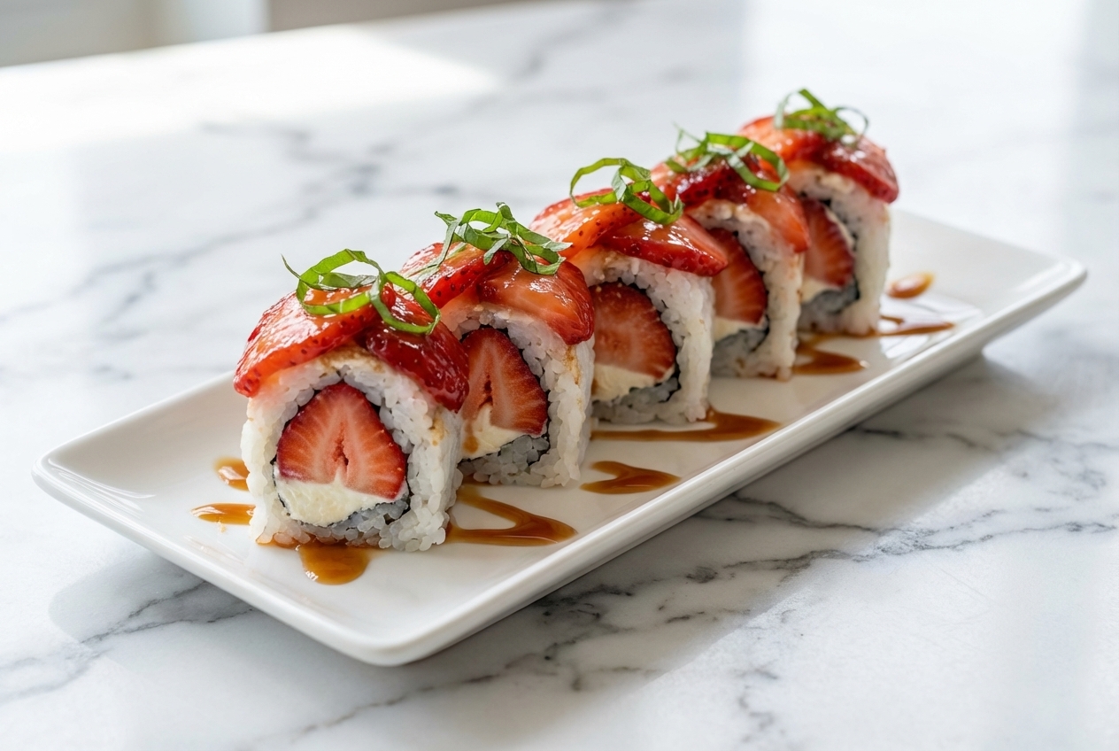 Strawberry Shortcake Sushi roll with glossy strawberry-basil maceration on a minimalist ceramic plate over white marble.