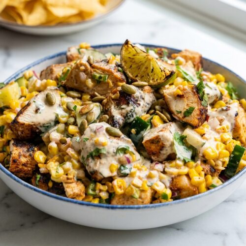 Street Corn Creamy Cucumber Chicken Salad with Tajín-toasted pepitas and charred lime on a white marble surface.