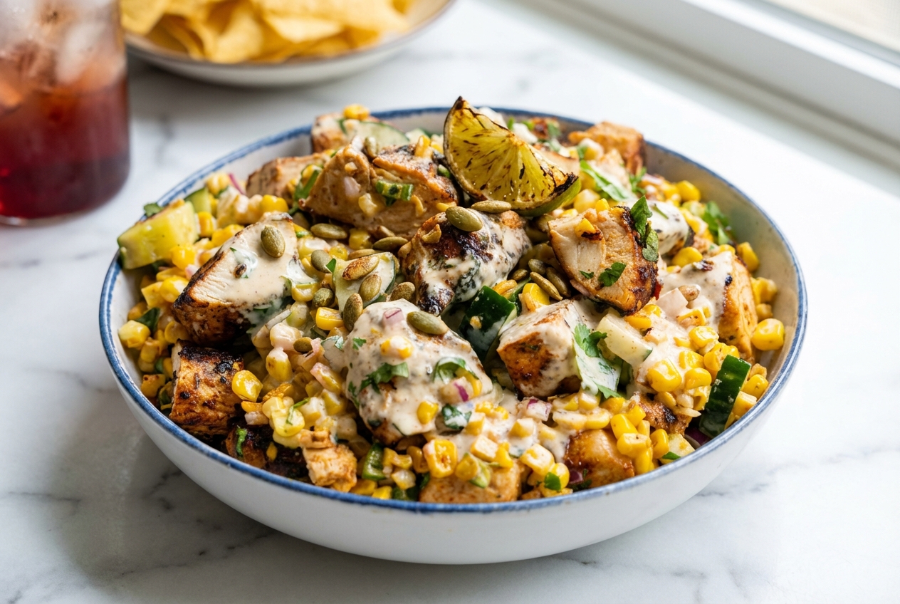 Street Corn Creamy Cucumber Chicken Salad with Tajín-toasted pepitas and charred lime on a white marble surface.