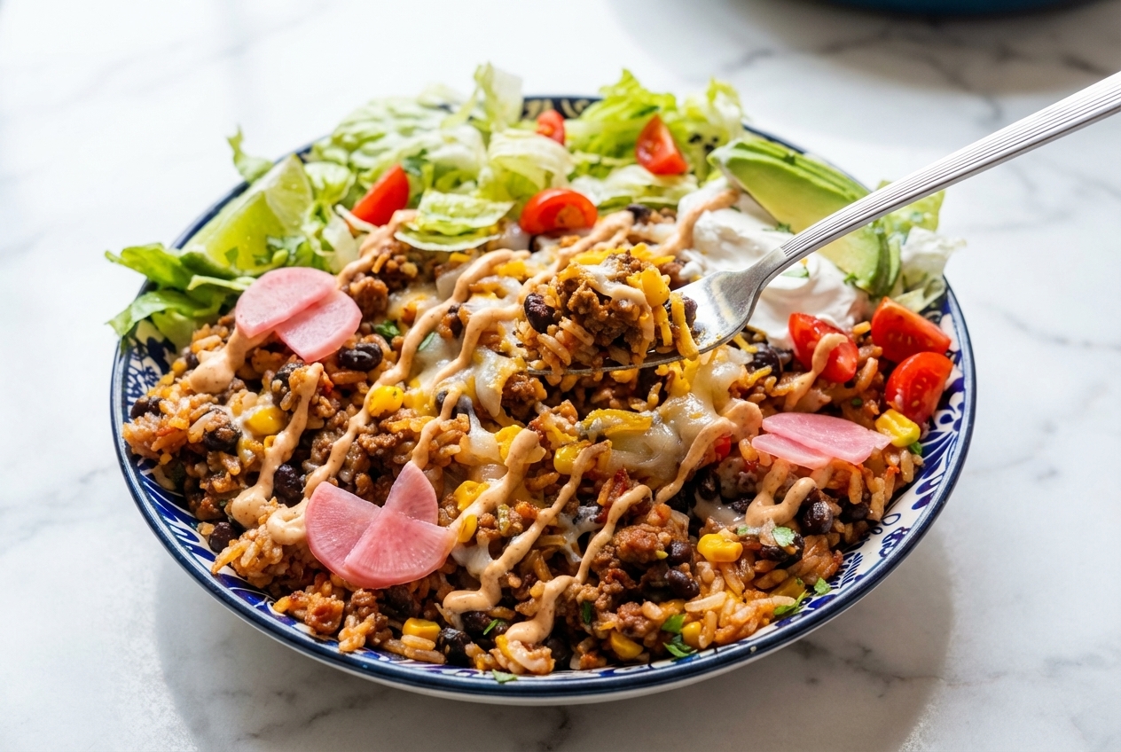 A vibrant Taco Rice Bowl in a minimalist ceramic vessel on a white marble surface, topped with chipotle-lime crema and pickled radishes.