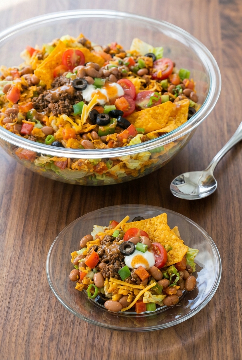 Close-up of the Dorito Beef Taco Salad texture in a minimalist vessel, highlighting the creamy emulsion and crispy chip edges.