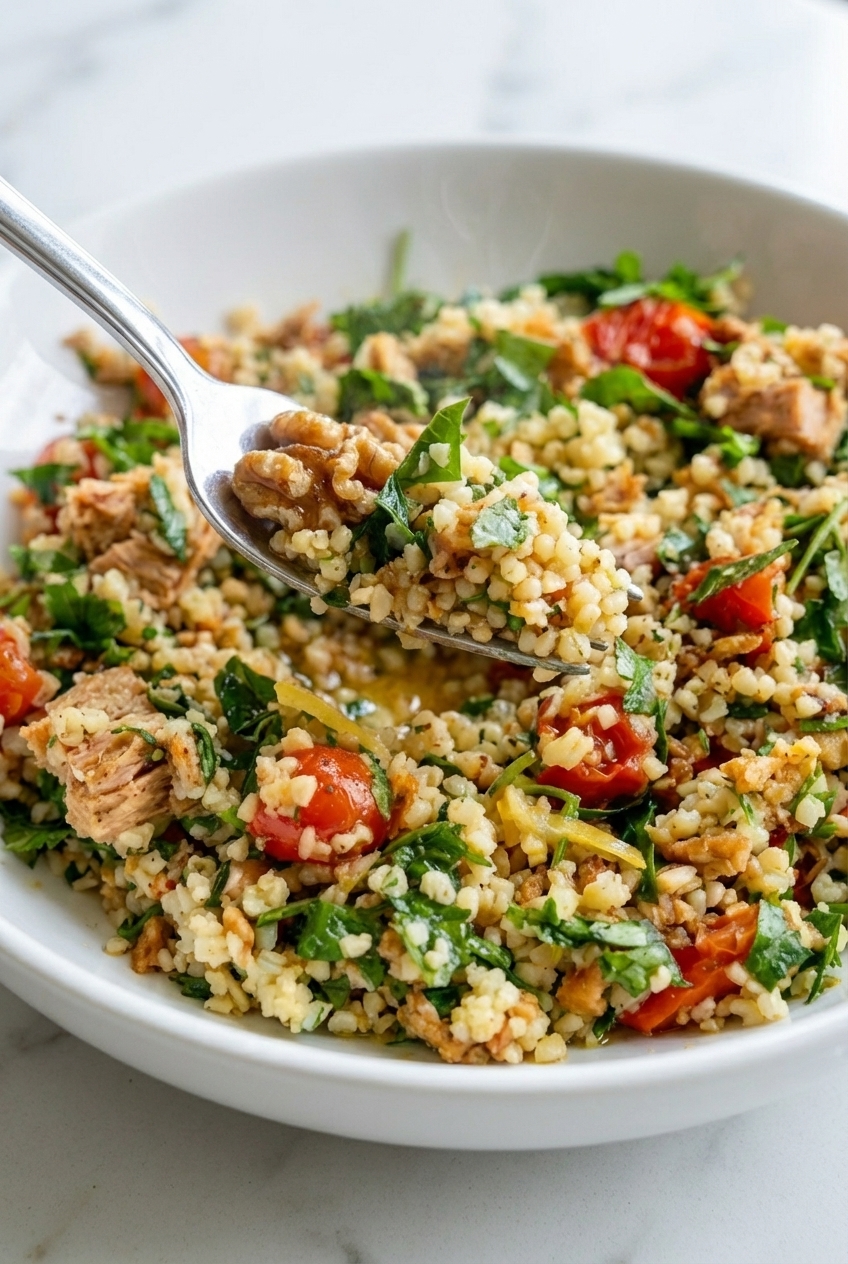 Macro detail of Bulgar Wheat & Tuna Mediterranean Salad highlighting the fluffy grain texture and golden toasted walnut surface.