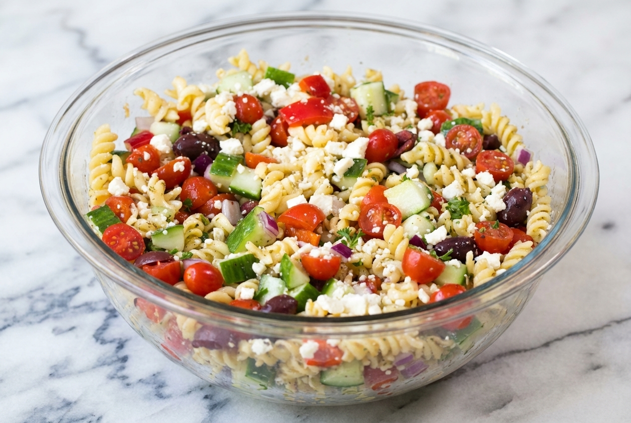 Traditional Greek Pasta Salad with feta-brine coating on al dente rotini in a minimalist ceramic bowl on white marble.