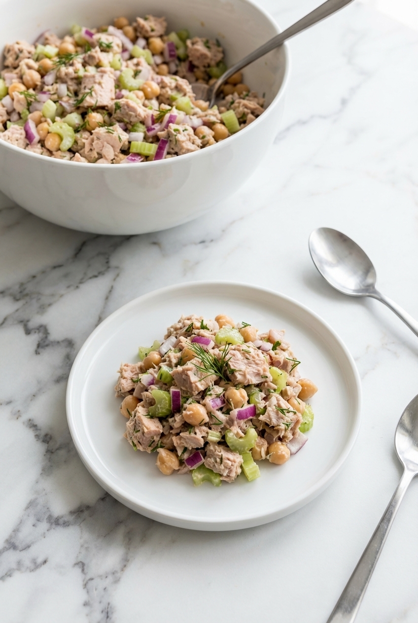 Tuna Salad (20g Protein) portioned into meal prep containers on a white marble surface with soft shadows.