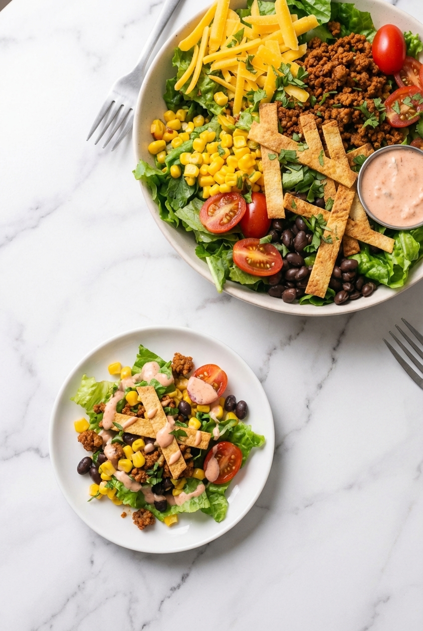 A serving of Turkey Taco Salad (29g Protein) on a white marble surface with soft shadows, styled for meal prep.