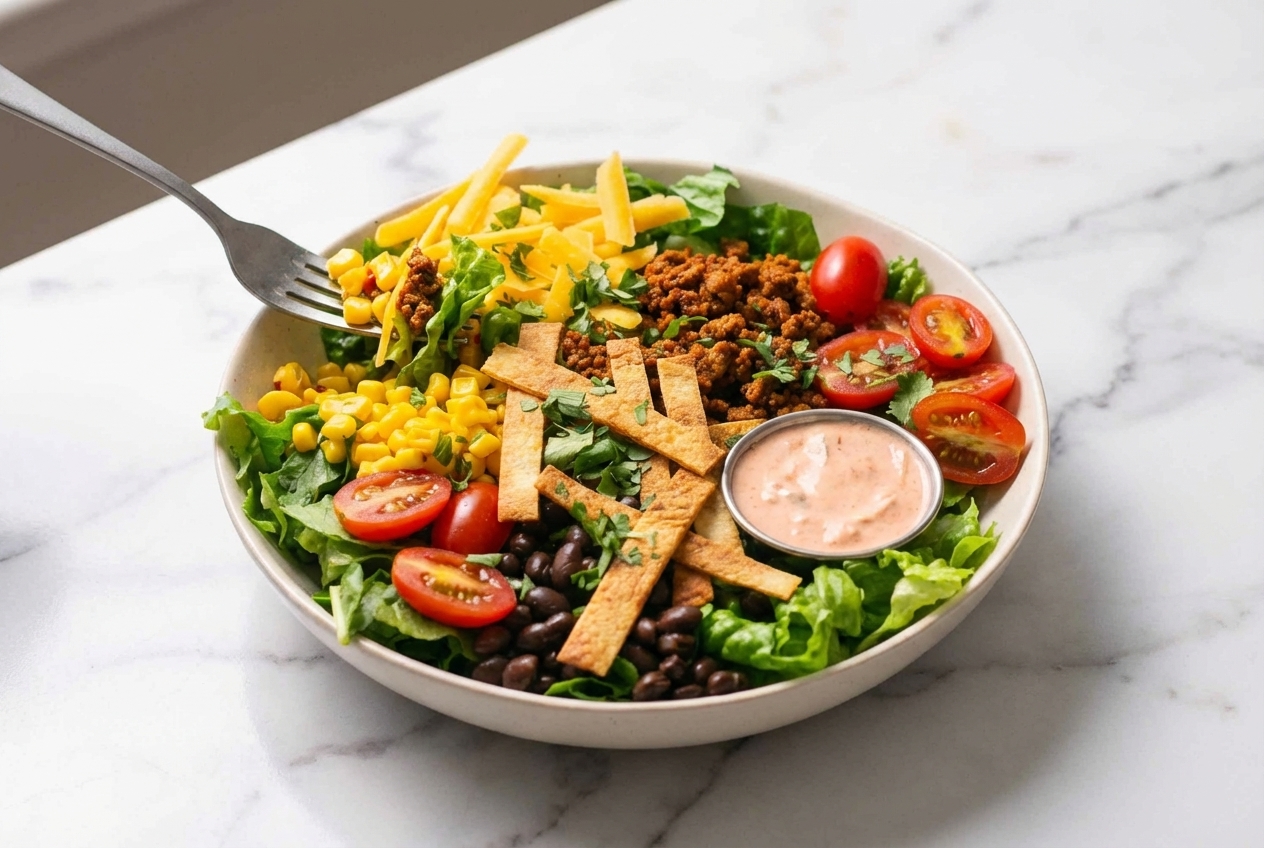 Turkey Taco Salad (29g Protein) in a minimalist ceramic bowl on white marble, highlighting umami-boost browned turkey.