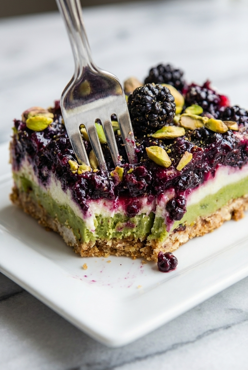 Macro view of Blackberry Pistachio Dream Bars showing the creamy texture and crushed pistachio topping in natural window lighting.