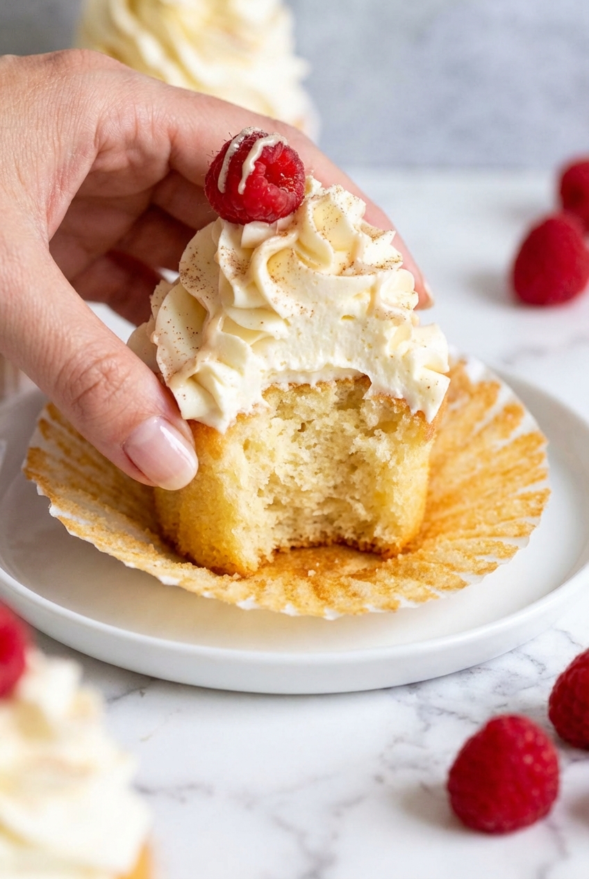 Close-up of the internal crumb structure of a Vanilla Cupcake showing fine aeration on a minimalist ceramic plate.