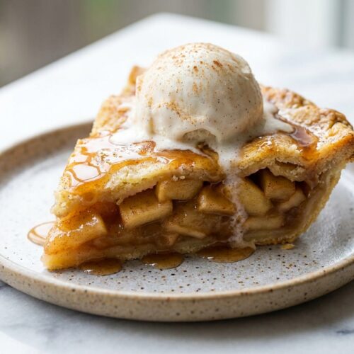 Golden-brown Vegan Apple Pie with a flaky lattice crust on a white marble surface featuring apple cider reduction maceration.