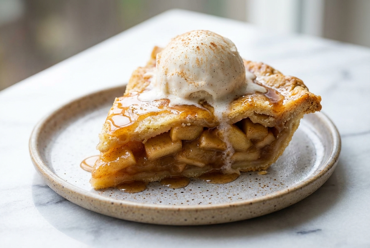 Golden-brown Vegan Apple Pie with a flaky lattice crust on a white marble surface featuring apple cider reduction maceration.