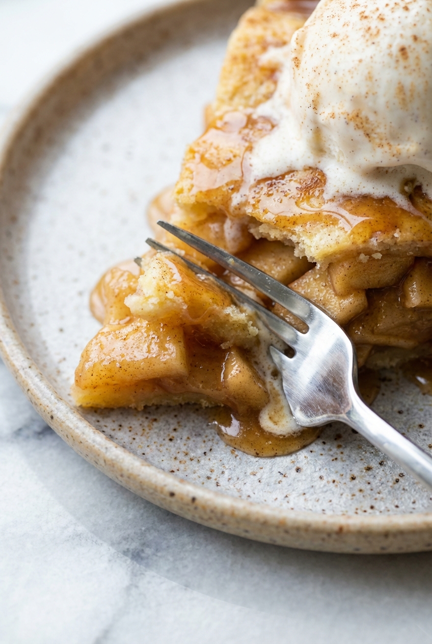 Sliced Vegan Apple Pie showing the apricot glaze and tender filling on a minimalist ceramic plate with soft shadows.