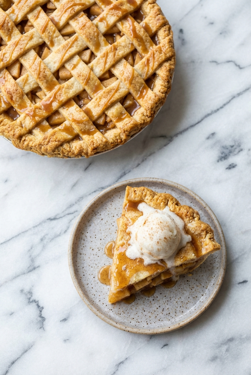 Close-up of a Vegan Apple Pie with a perfectly woven lattice crust resting on a contemporary marble countertop.