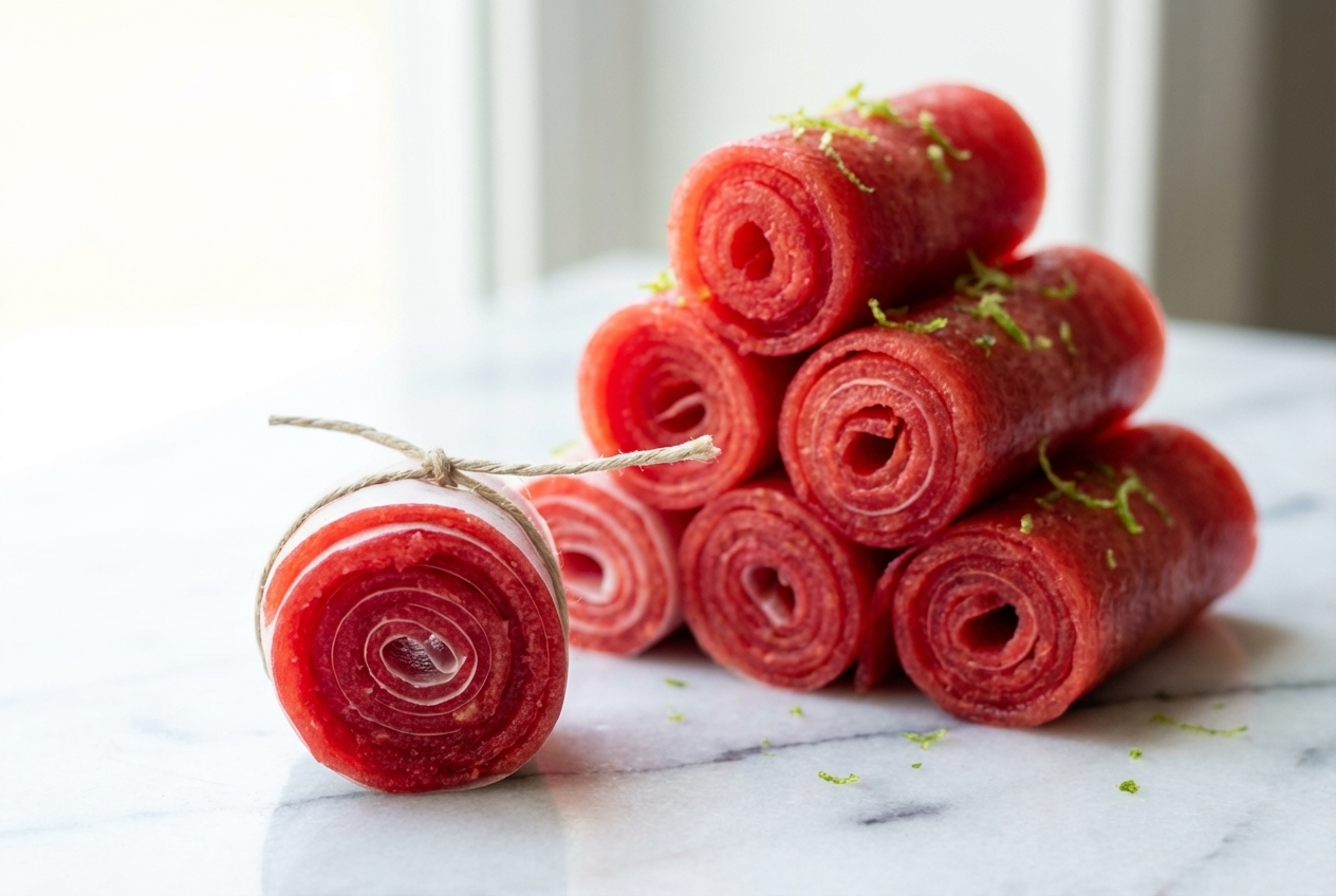 Vibrant Watermelon Fruit Roll Ups with lime zest and citric acid on a minimalist ceramic plate over white marble.