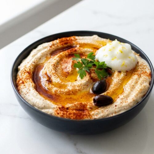 Eye-level macro of whipped feta cheese dip with amber burnt honey and lemon zest in a minimalist white ceramic bowl.