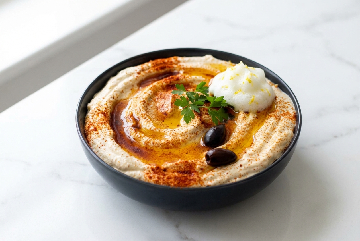 Eye-level macro of whipped feta cheese dip with amber burnt honey and lemon zest in a minimalist white ceramic bowl.