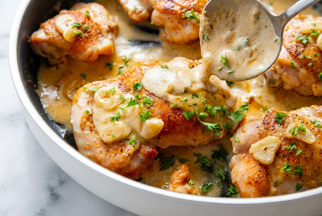 Yummy Garlic Chicken Keto Recipe with a silky Parmesan-Nutmeg Emulsification in a white ceramic bowl on marble.
