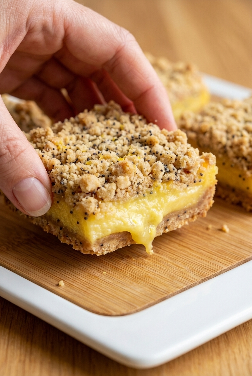 Close-up texture of Zesty Lemon Crumb Bars showing the flaky oat topping and creamy lemon custard layer.